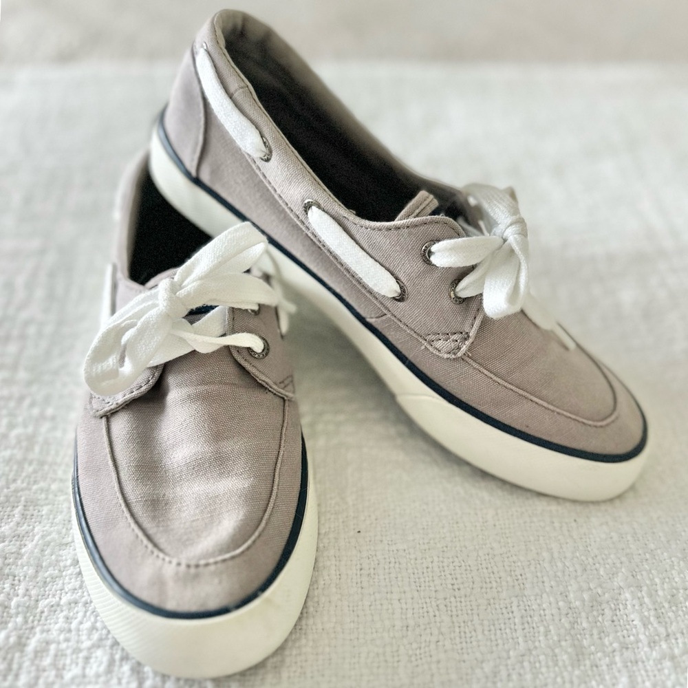 Sperry Women's Taupe Canvas Boat Sneakers with White Laces